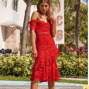 Briarwood Red Lace Ruffled Midi Dress
